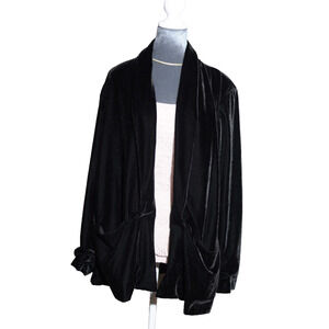 Well Worn Velvet Cardigan Open Front Scrunched Sleeves Pockets Shawl Collar Sz L